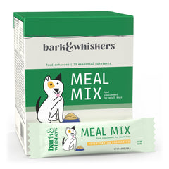 Dr Mercola Bark and Whiskers Meal Mix bag label highlighting balanced meals.