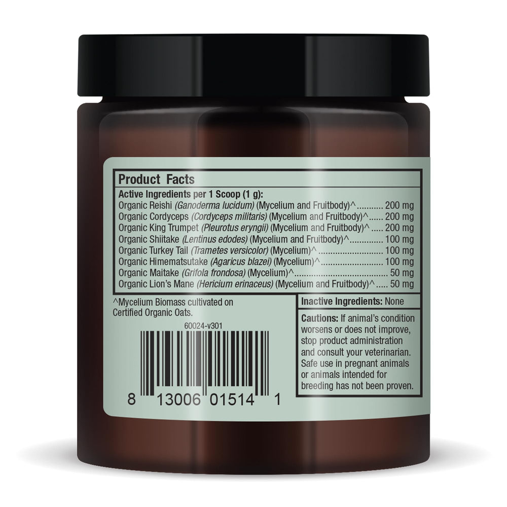 Dr. Mercola Bark & Whiskers powder being poured into pet food for easy mix-in