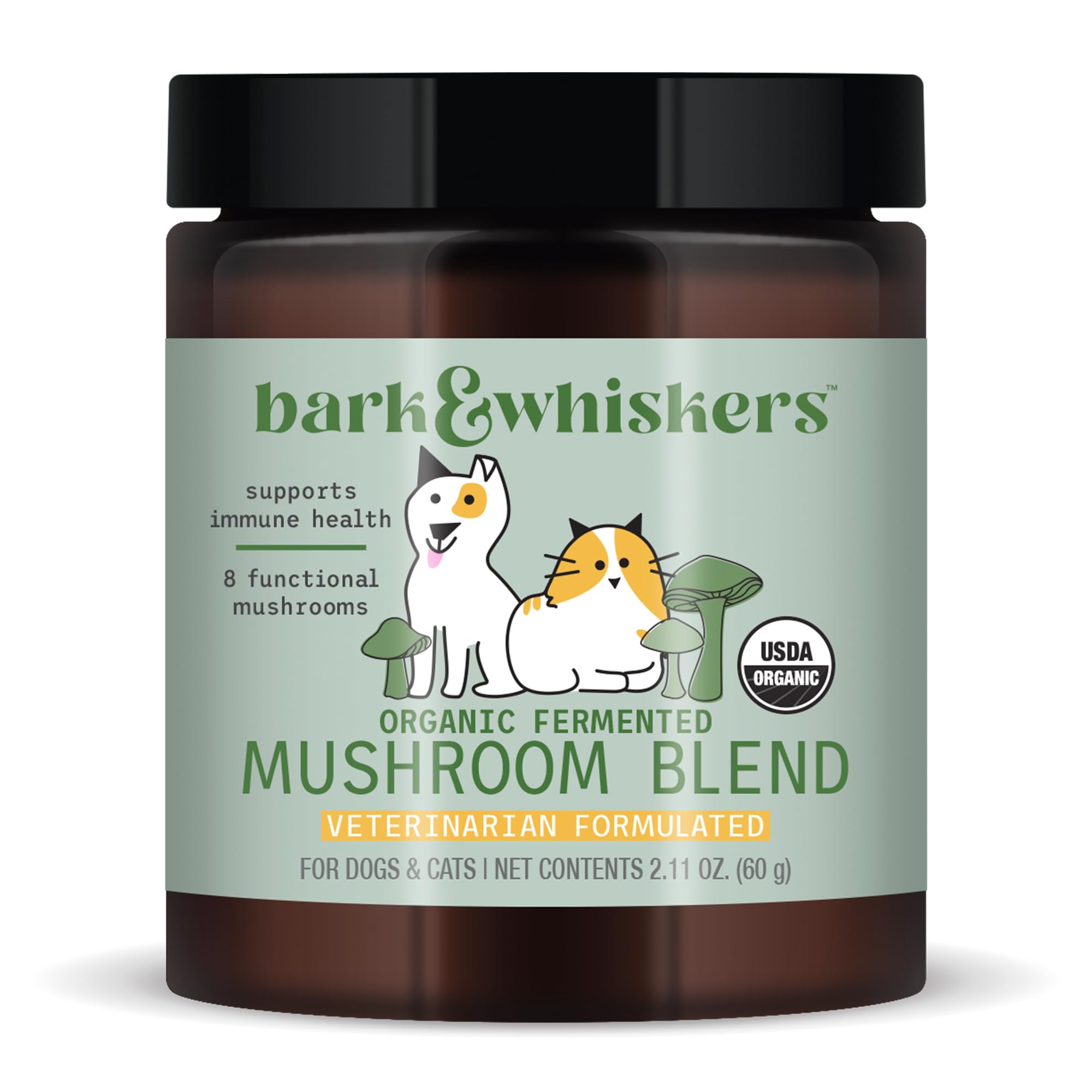 Dr. Mercola Bark & Whiskers jar label signals organic fermented mushroom blend for pet wellness