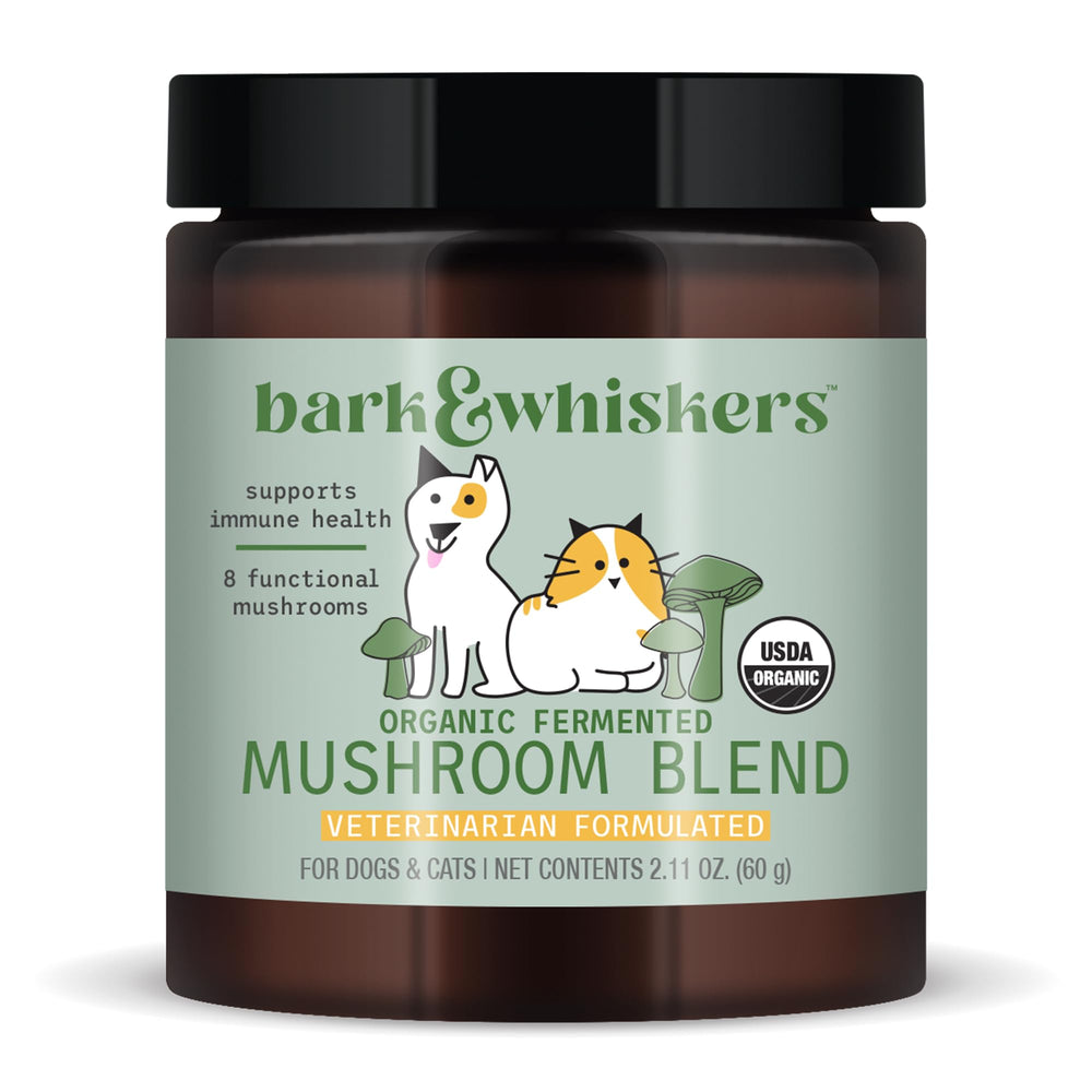 Dr. Mercola Bark & Whiskers jar label signals organic fermented mushroom blend for pet wellness