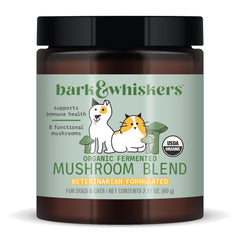 Dr. Mercola Bark & Whiskers jar label signals organic fermented mushroom blend for pet wellness