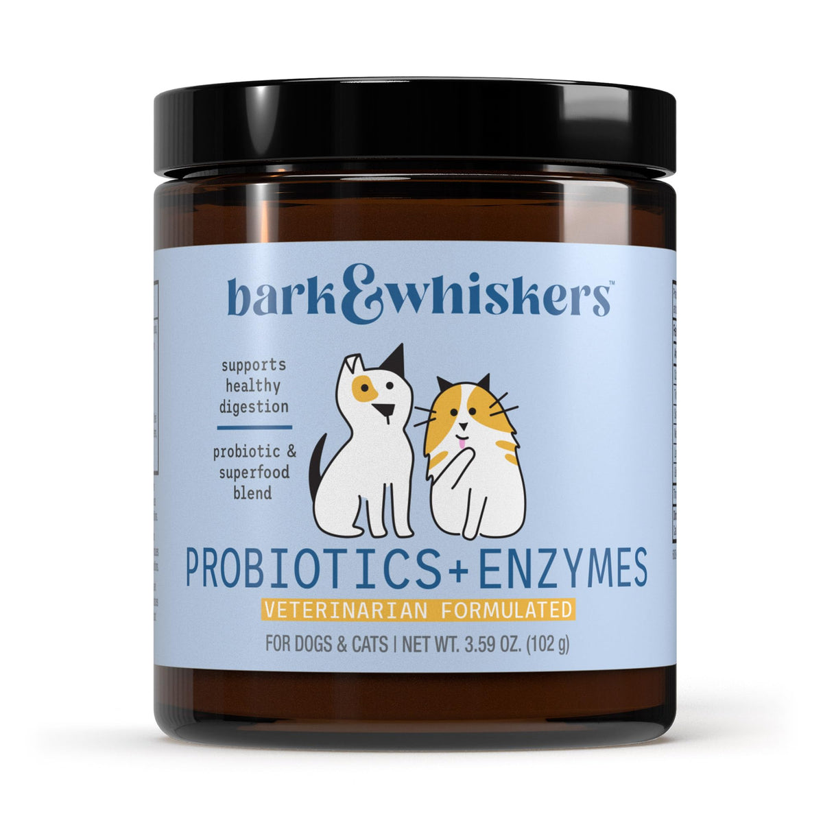 Dr. Mercola Bark & Whiskers bottle pour demonstrates easy daily digestive support for pets.