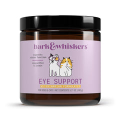 Dr. Mercola Eye Support packaging highlights vet-formulated eye care for cats and dogs' daily eye wellness.
