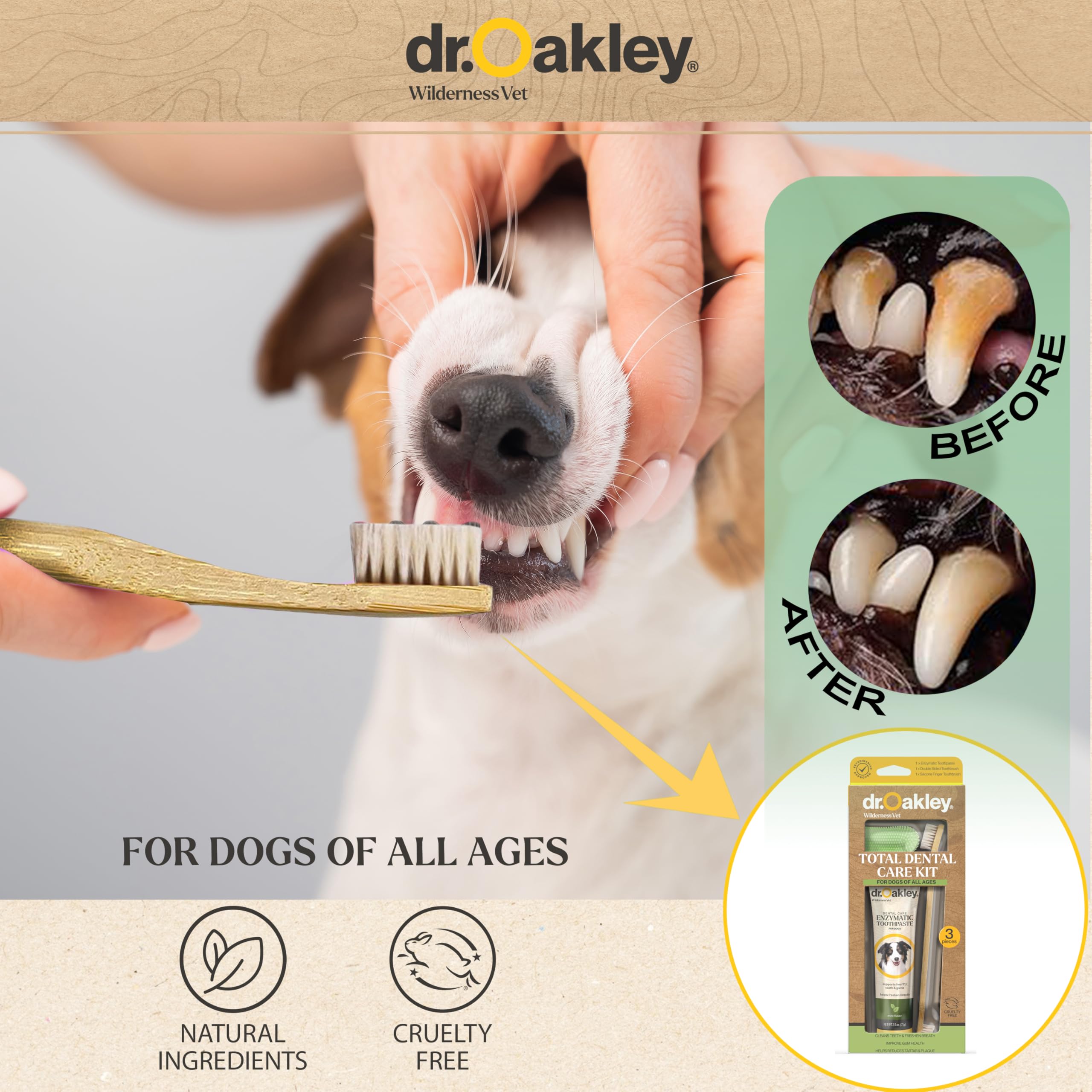 Dr Oakley dual-head toothbrush with soft bristles for comfortable cleaning.