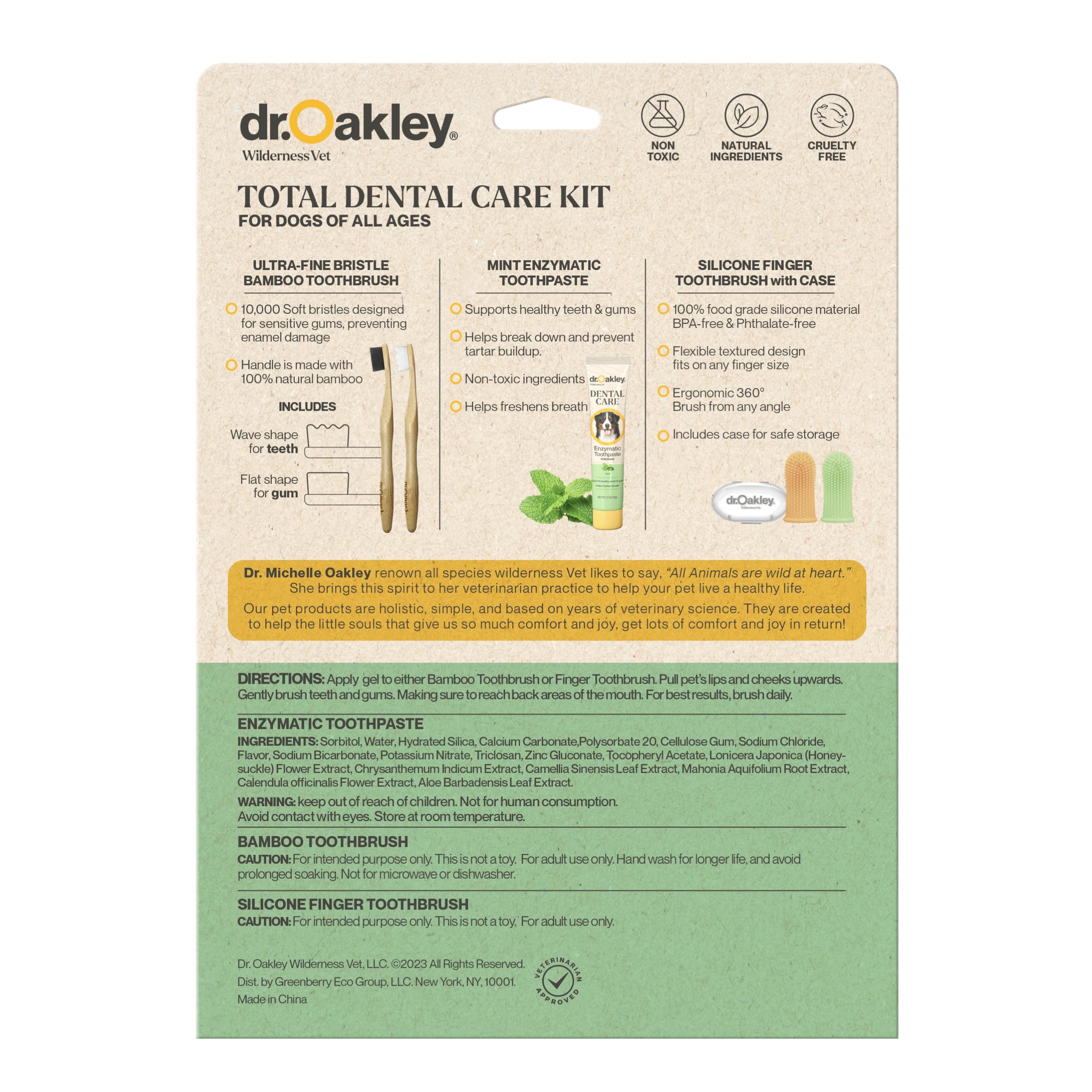 Dr. Oakley silicone finger toothbrush demonstrates comfortable cleaning for dogs.