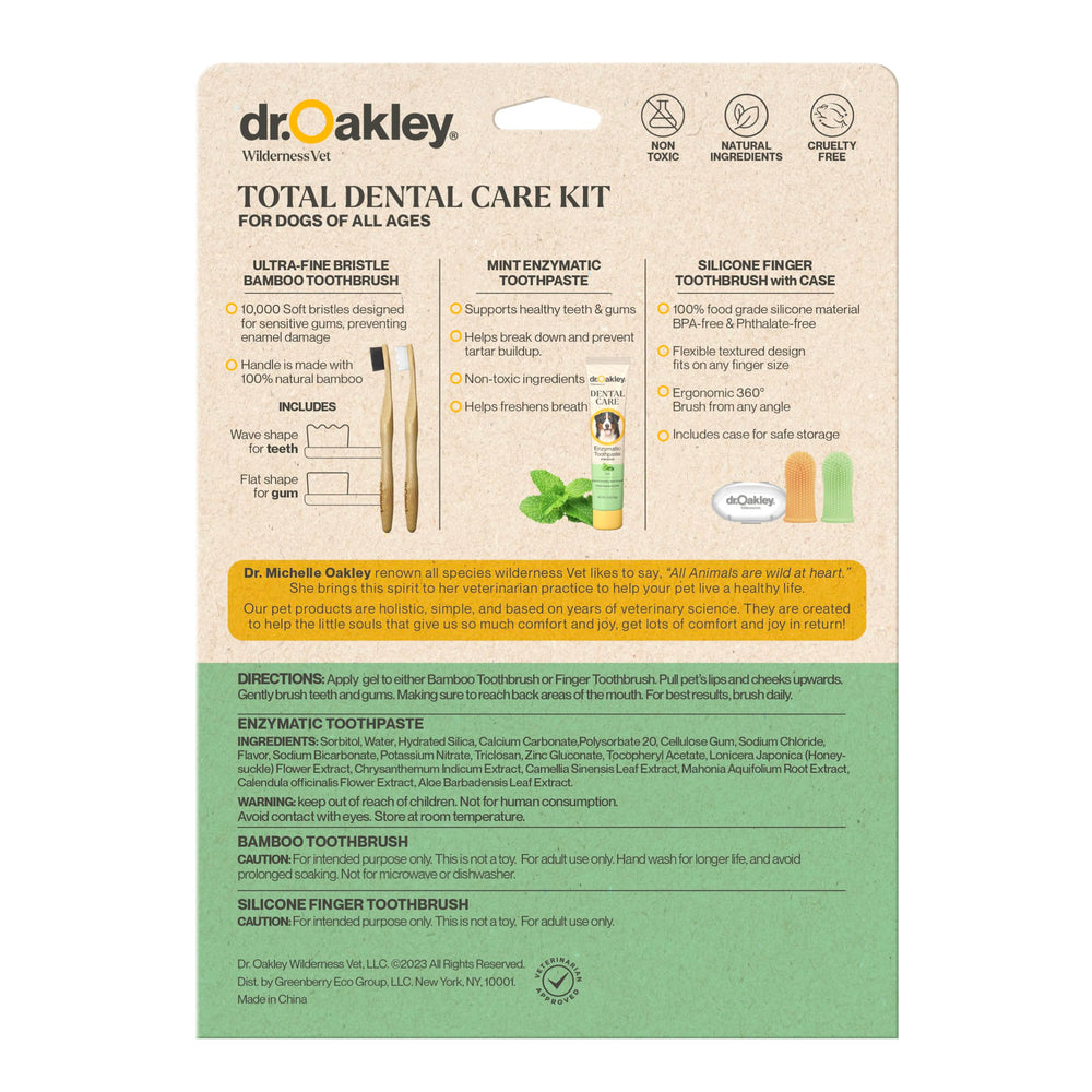 Dr. Oakley silicone finger toothbrush demonstrates comfortable cleaning for dogs.