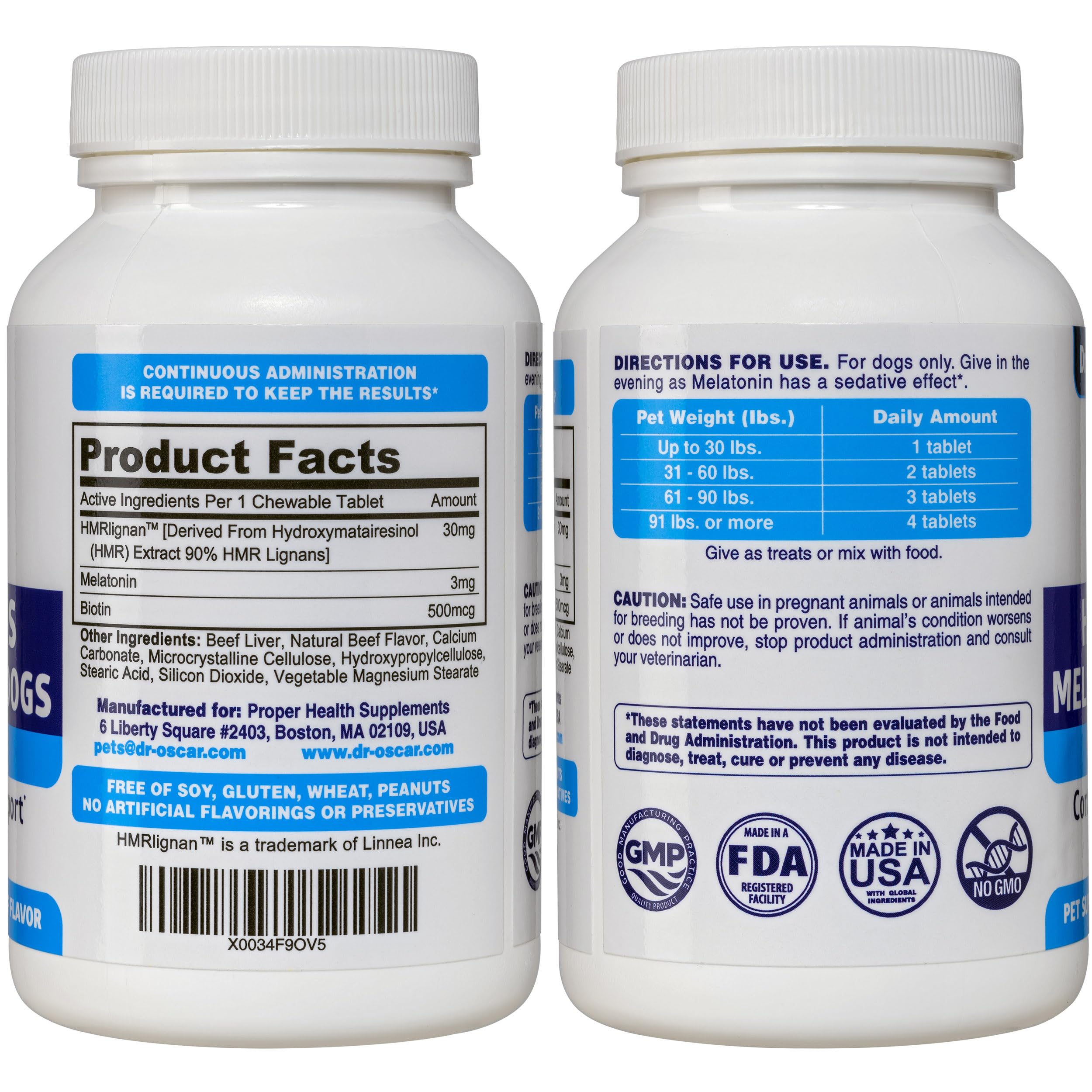 Dr. Oscar dog chew tablet highlighting convenient chewable adherence with HMR lignans, melatonin, and biotin.