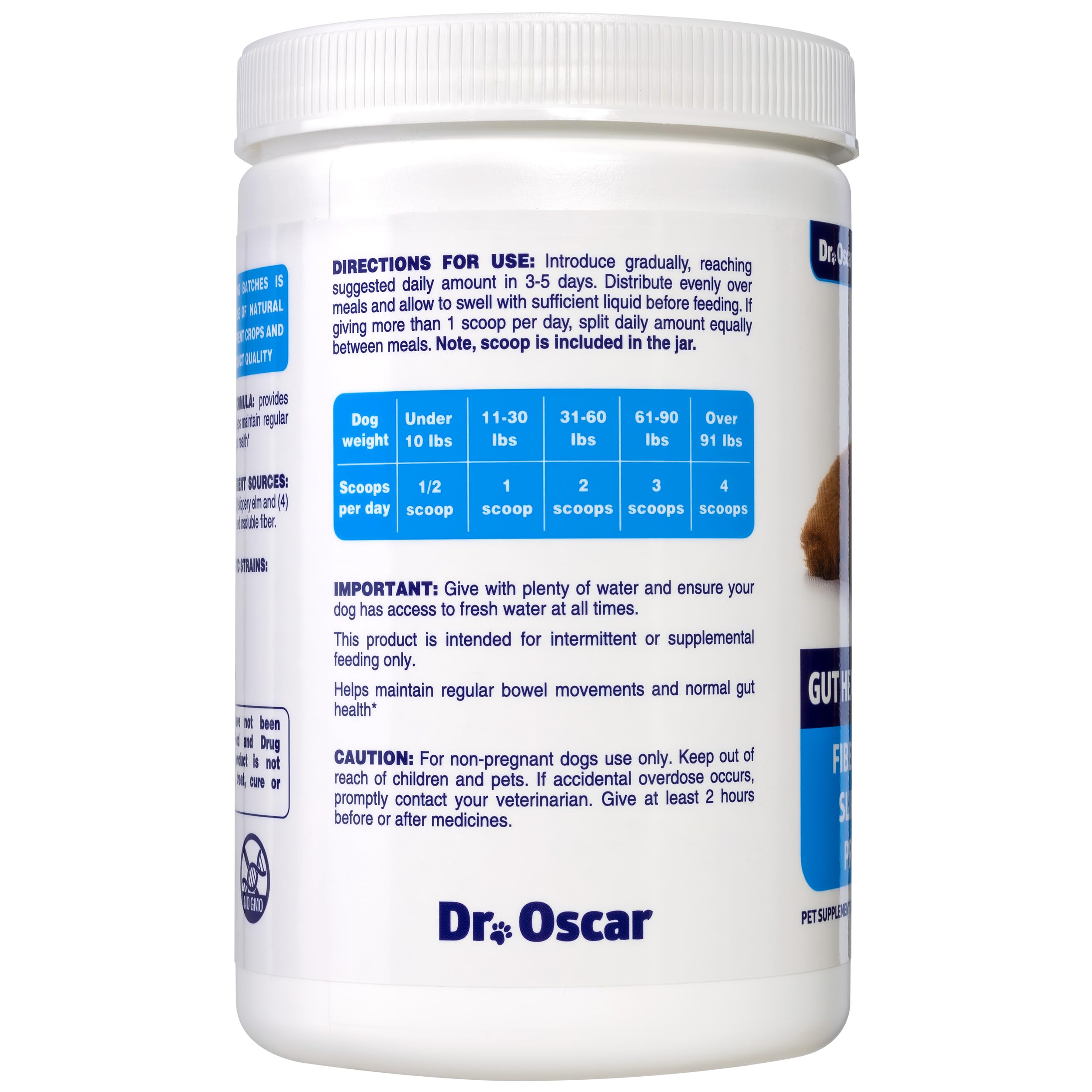 Dr. Oscar Gut Health ingredients powder blend highlights fiber, slippery elm, and pumpkin.