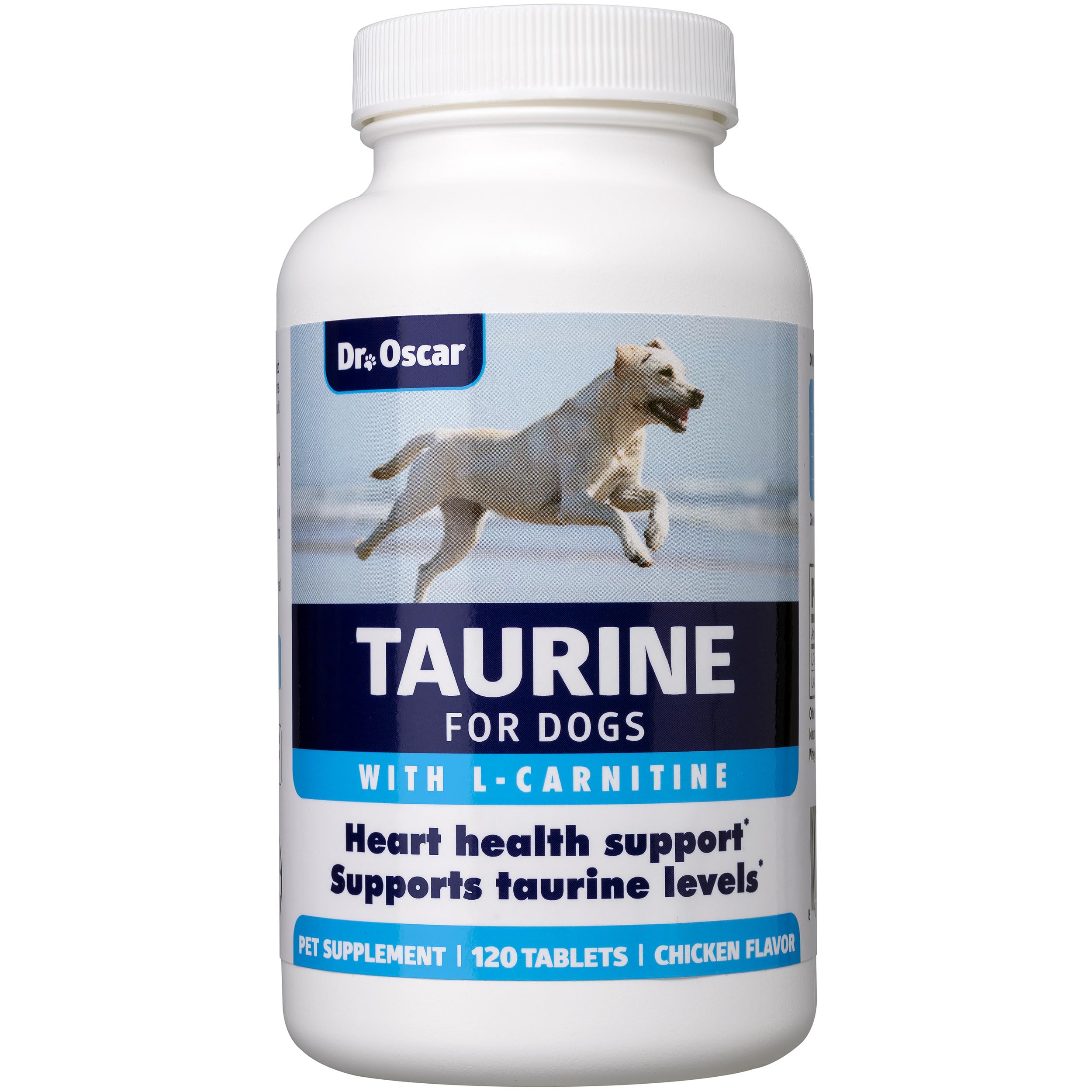 Dr. Oscar Taurine dog supplement bottle supports heart health and daily canine nutrition.