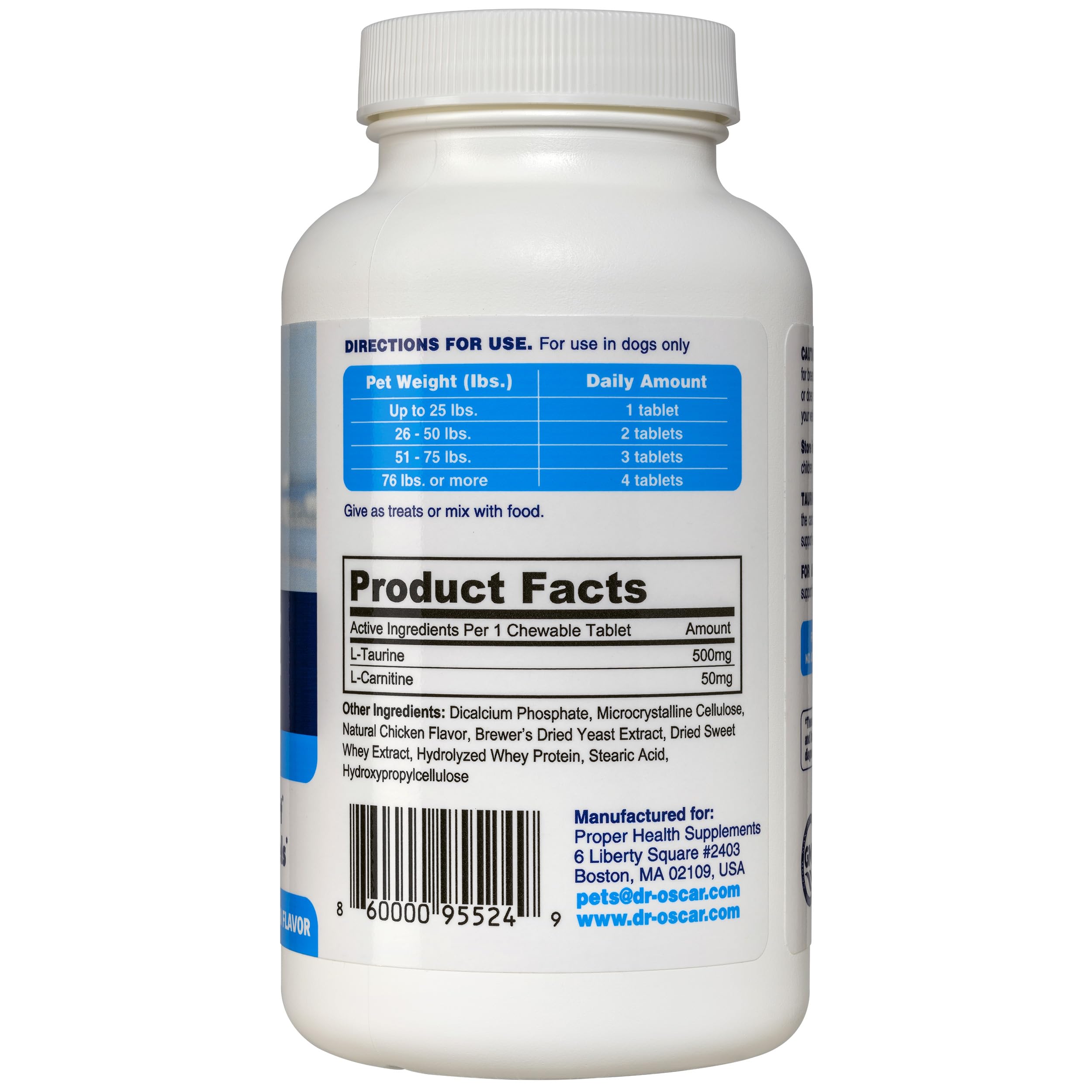 Dr. Oscar Taurine dog tablets close-up showing a chewable form for easy dosing and administration.