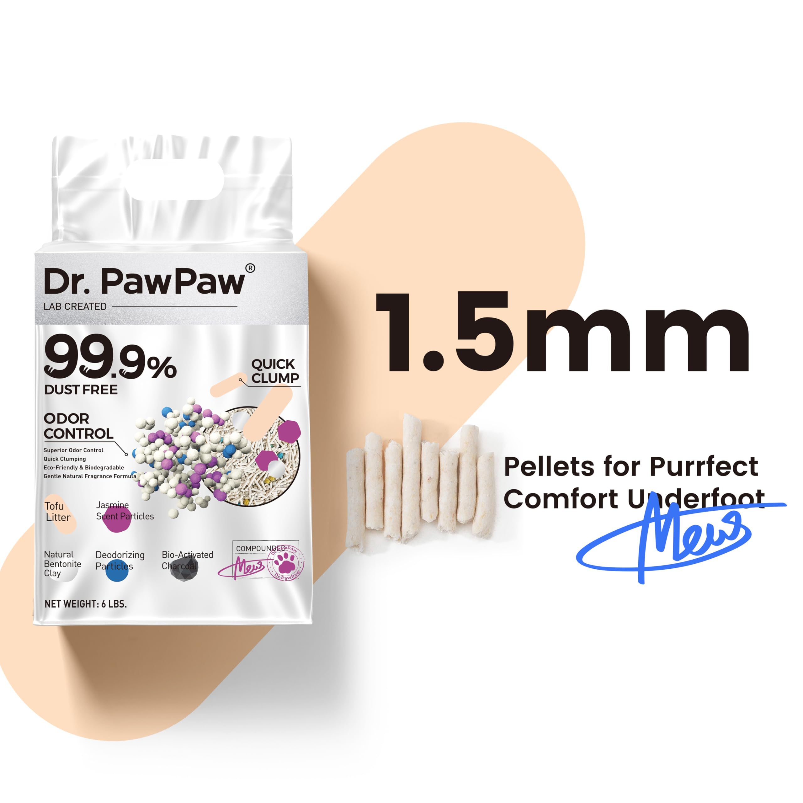 Dr. PawPaw tofu cat litter shows 99.9% dust-free design.
