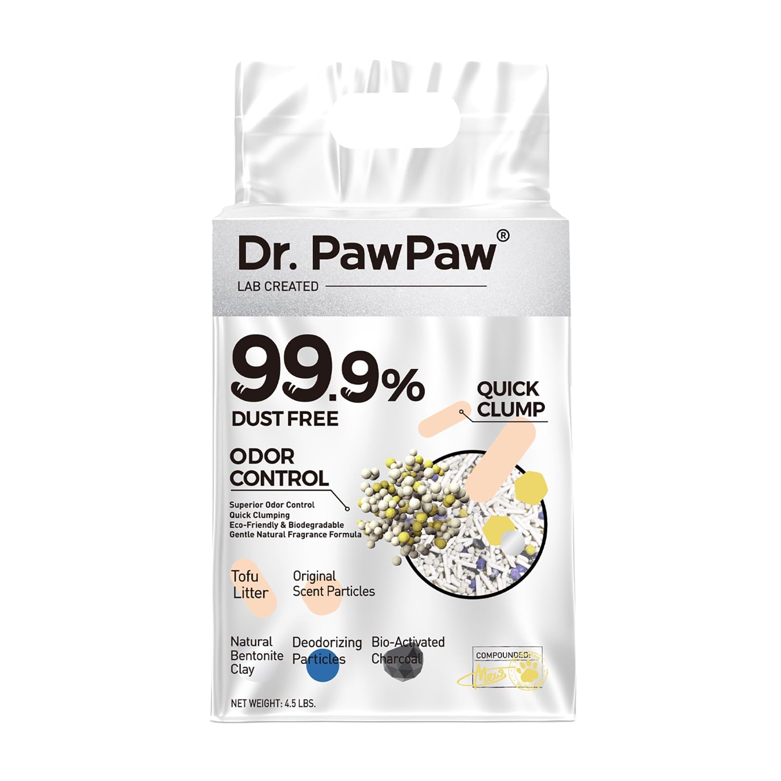 Dr. PawPaw tofu litter packaging shown for mess-free setup and eco-friendly design.