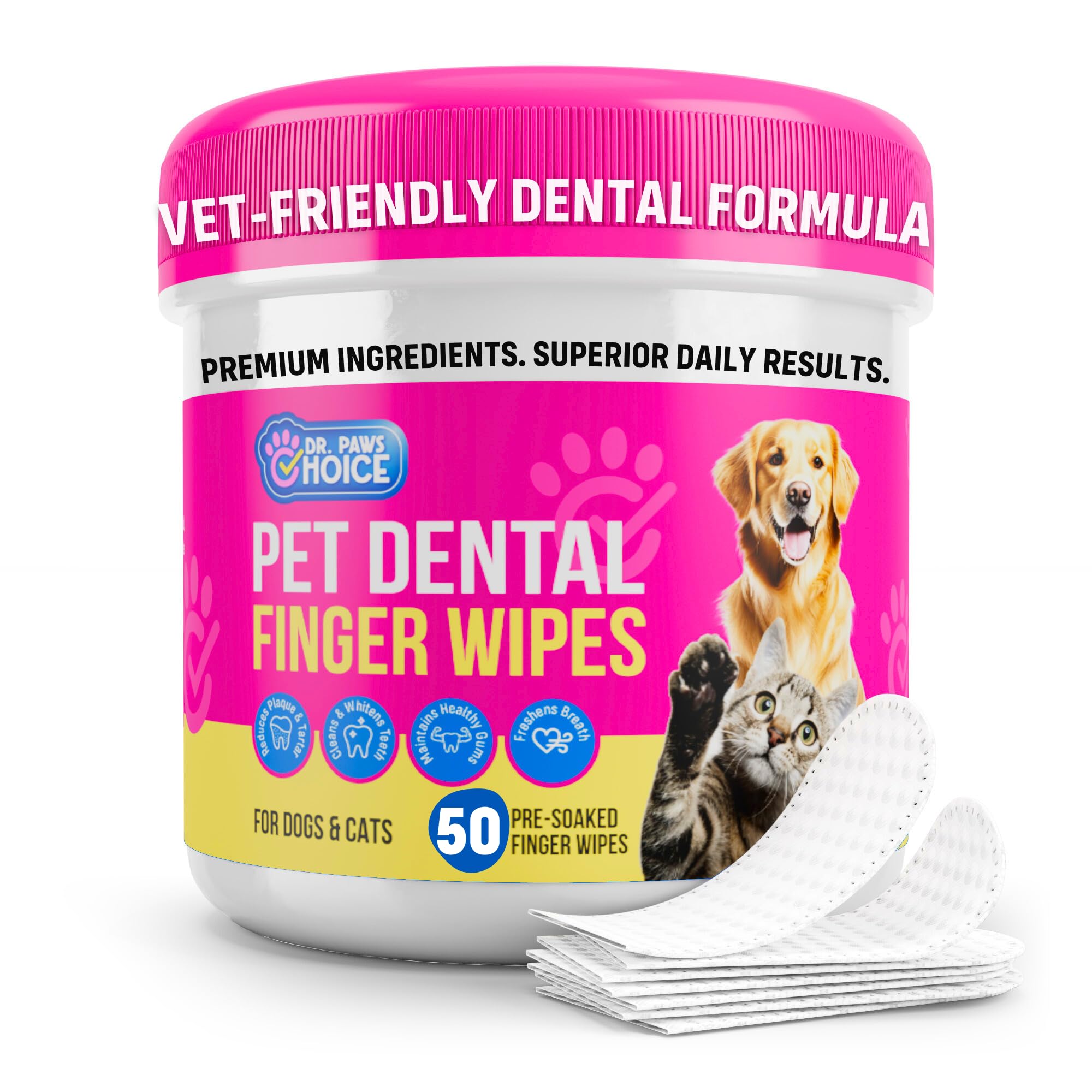 Dr. Paws Choice packaged dental finger wipes highlight natural ingredients for easy pet oral care.