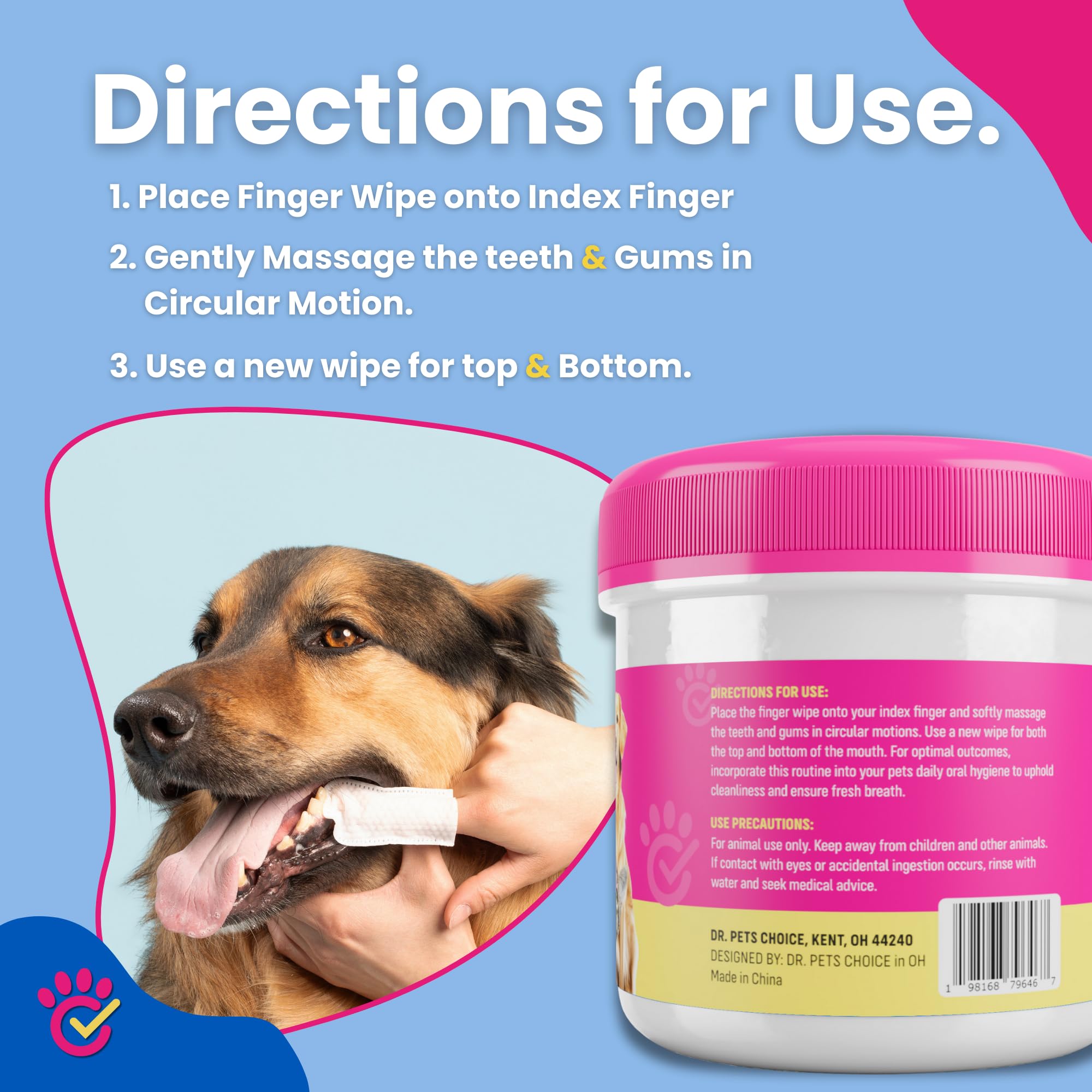 Small breed dog enjoying gentle oral care with Dr. Paws Choice finger wipe.