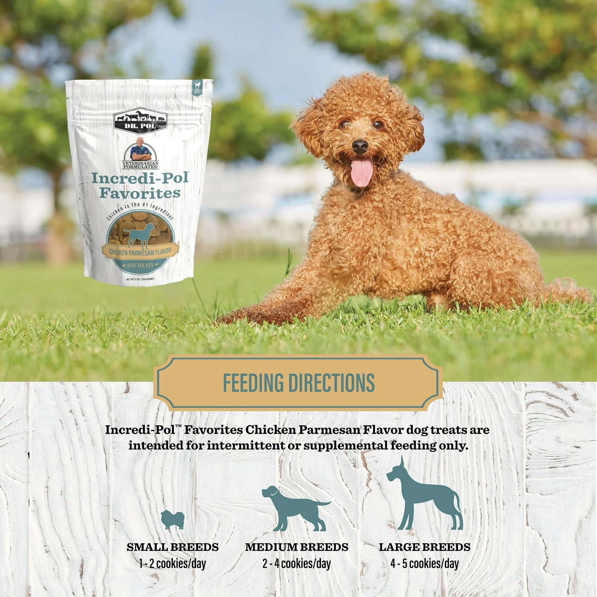 Dr. Pol corn-free dog treats featuring Chicken Parmesan flavor for sensitivities