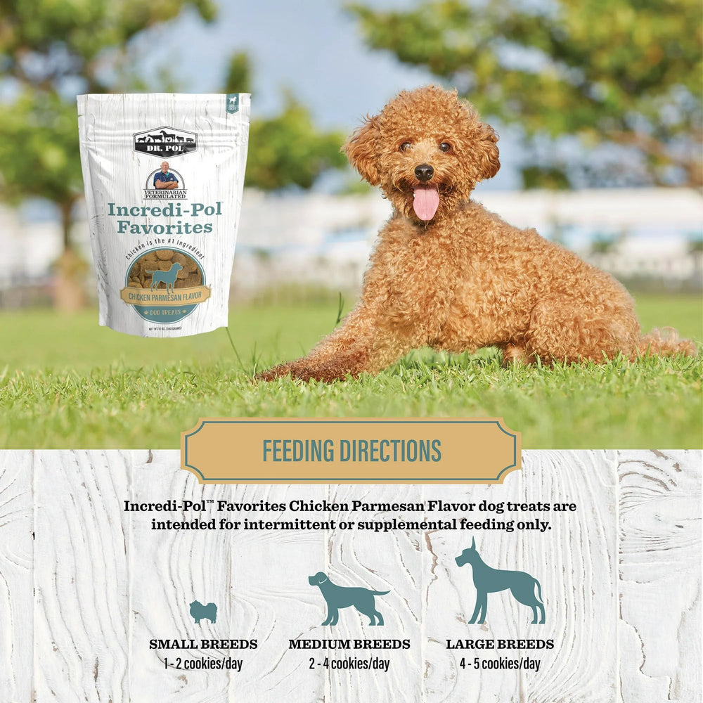 Dr. Pol corn-free dog treats featuring Chicken Parmesan flavor for sensitivities