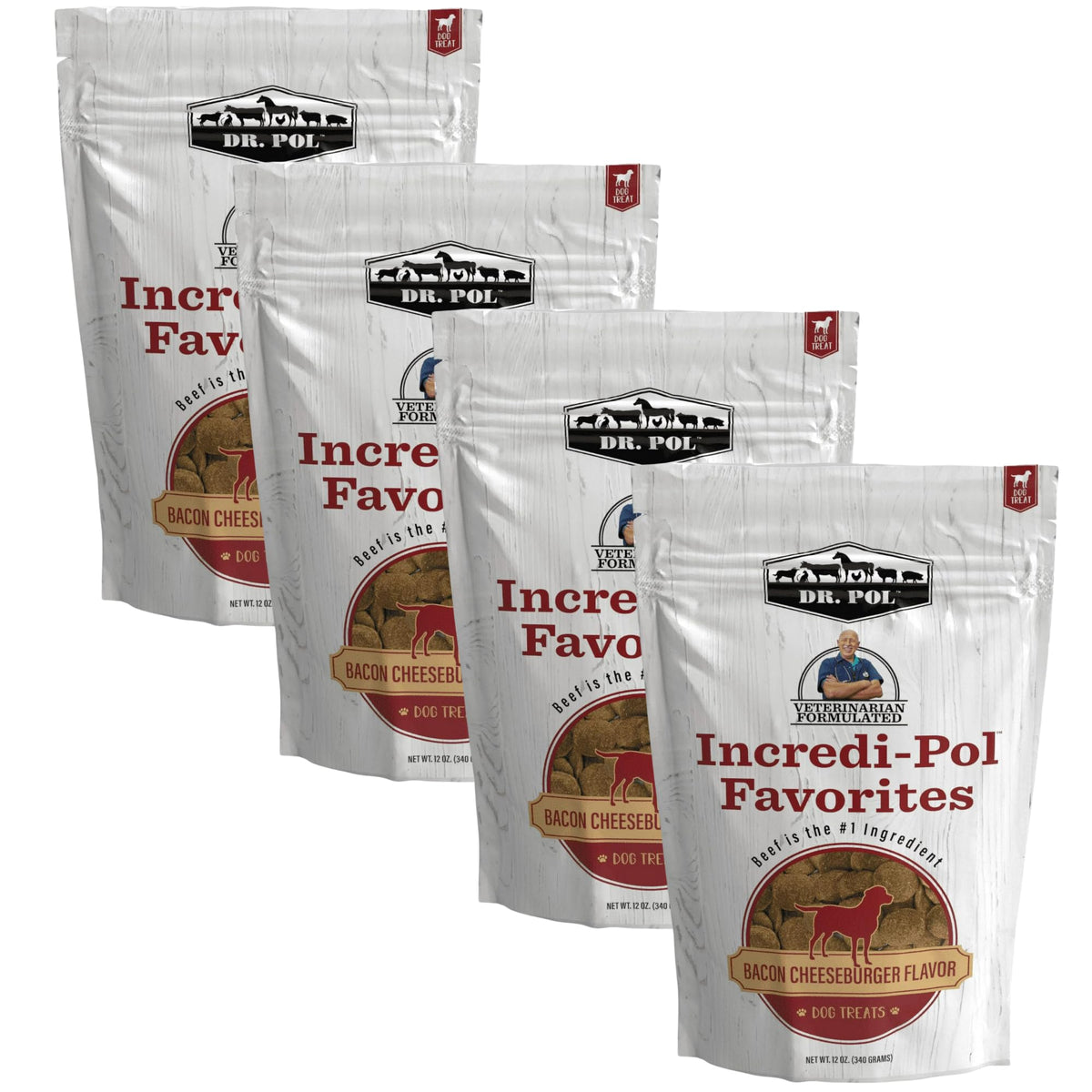 Dr. Pol healthy all-natural dog treats pack shows USA-made corn-free biscuits for training rewards.