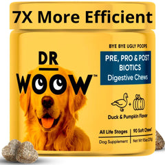Dr Woow Probiotics for Dogs duck and pumpkin chews close-up showing tasty texture for digestion support.