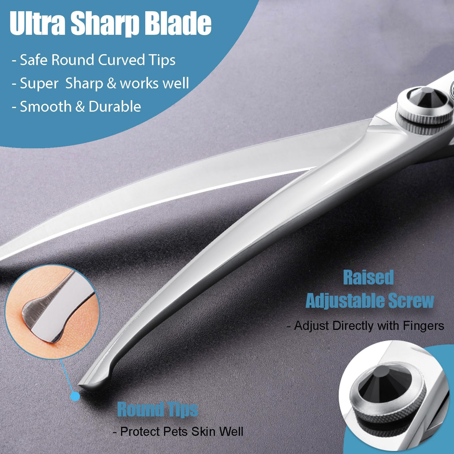 Dragon Creek downward curved dog grooming scissors side view showing ergonomic balance.