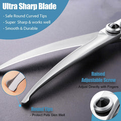 Dragon Creek downward curved dog grooming scissors side view showing ergonomic balance.