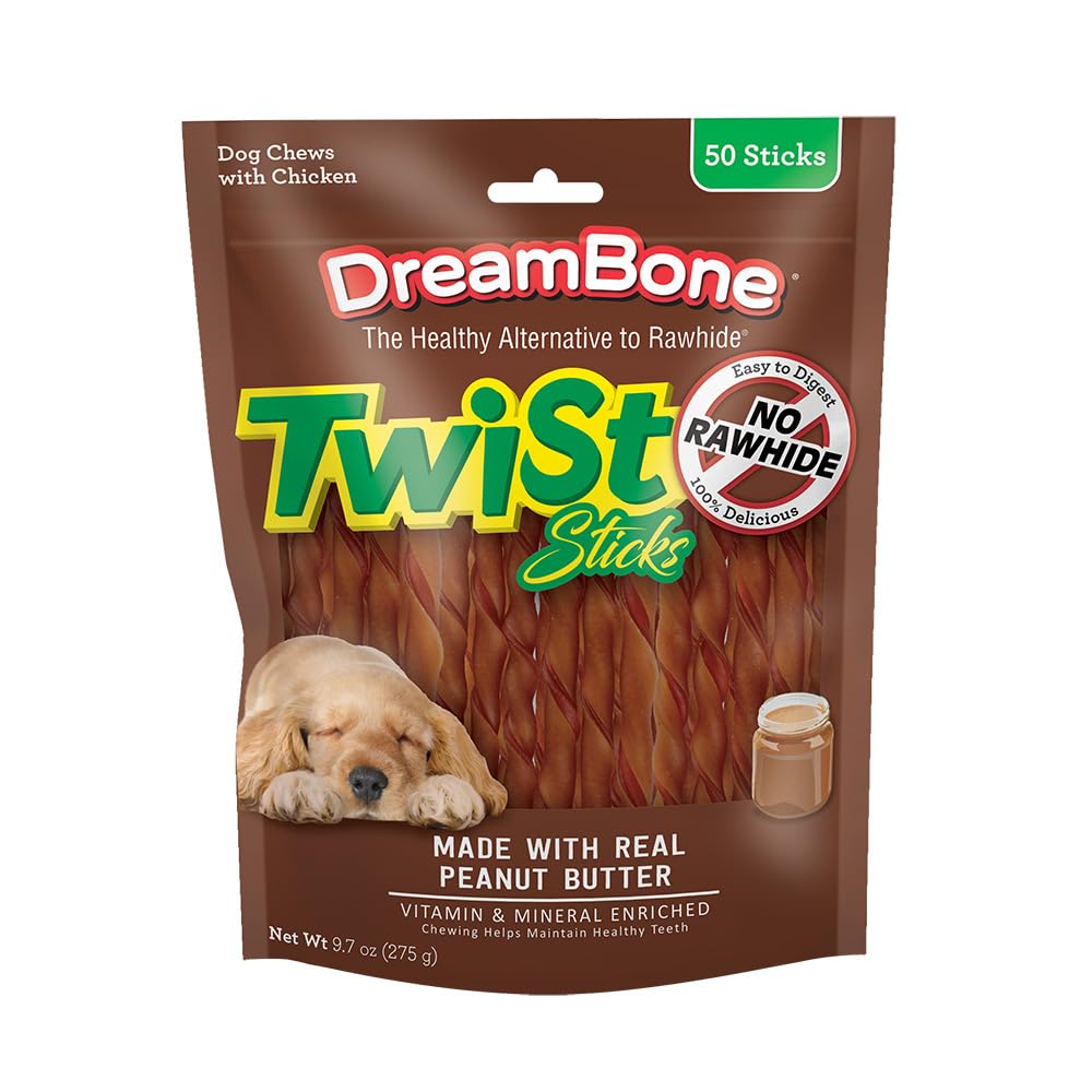 DreamBone Twist Sticks pack shot showing rawhide-free dog chews with easy digestion promise.
