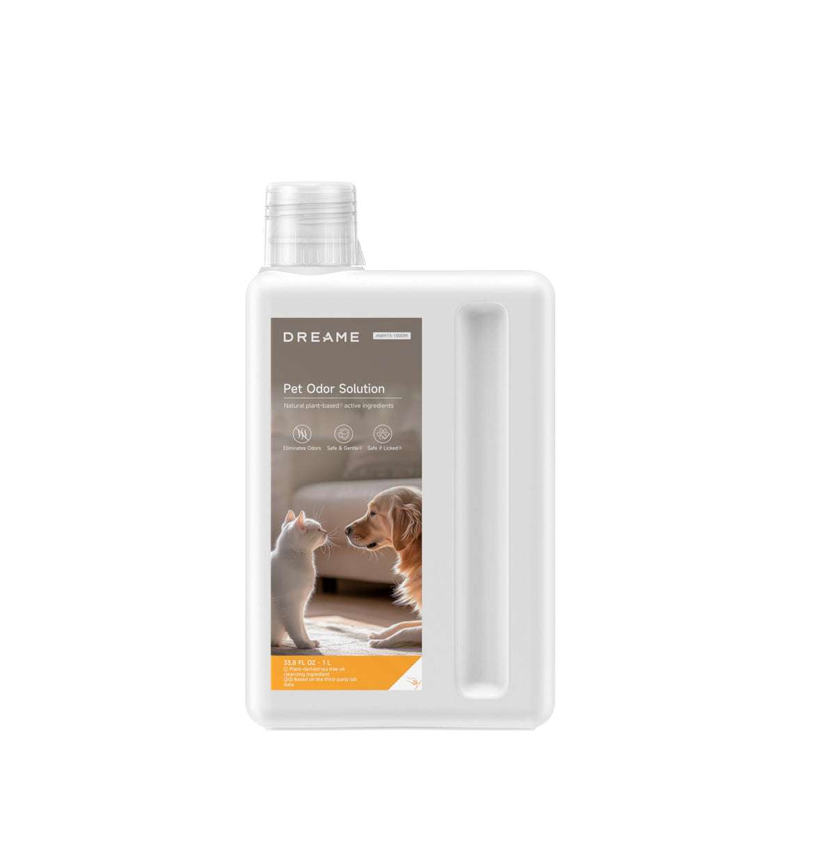 DREAME Robot Vacuum Solution bottle pour highlights plant-based formula for pet-friendly odor control.