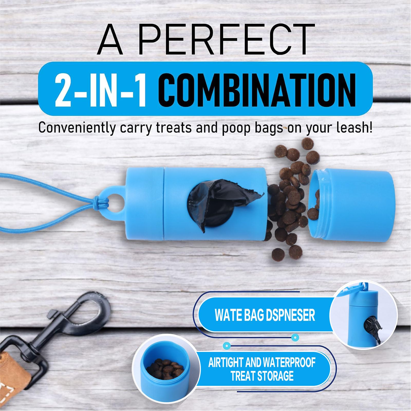 DREAM&GLAMOUR 2-in-1 blue dog poop bag holder side view for hands-free use.