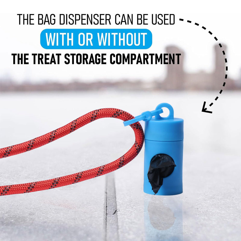 DREAM&GLAMOUR 2-in-1 blue dog poop bag holder snack-box view for treats on walks.