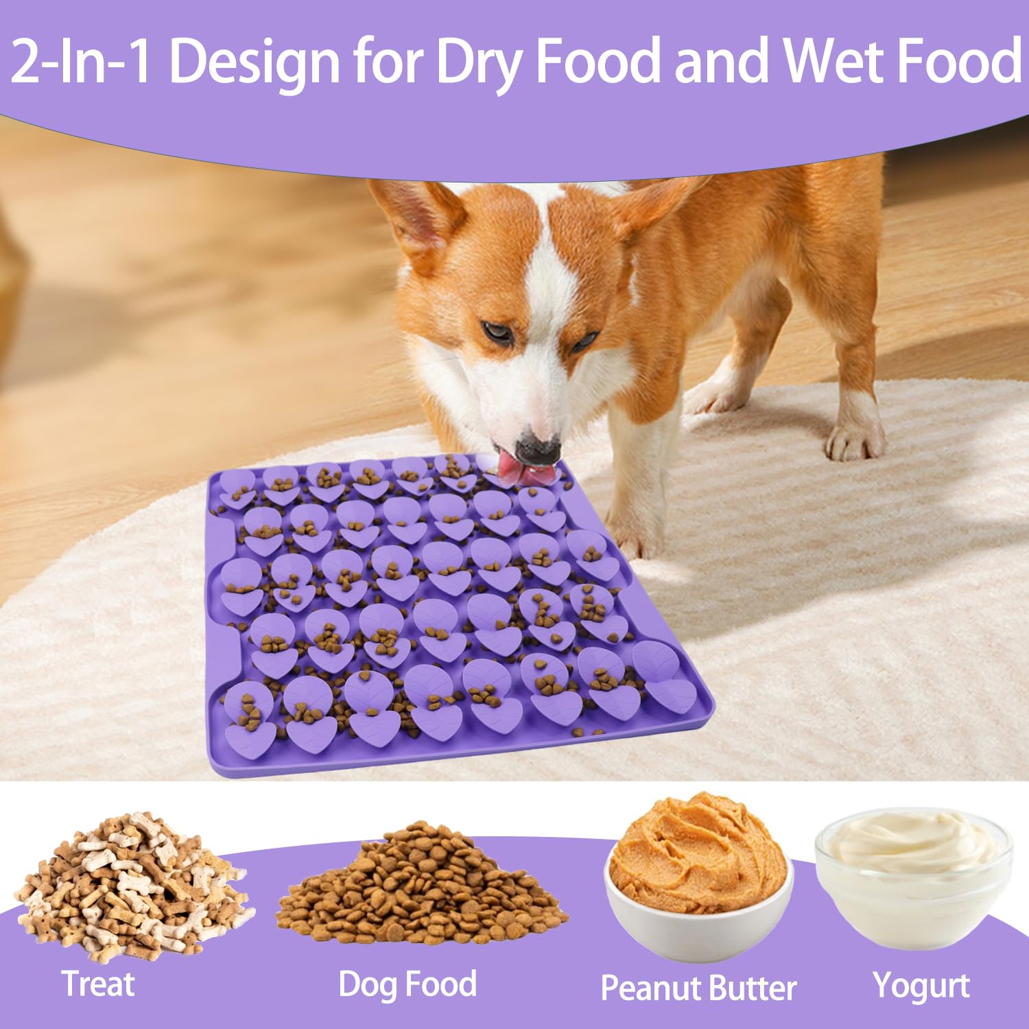 Drescu lick mat in BPA-free silicone safe for variety of dog foods.