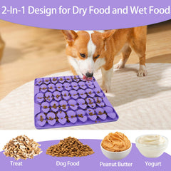Drescu lick mat in BPA-free silicone safe for variety of dog foods.