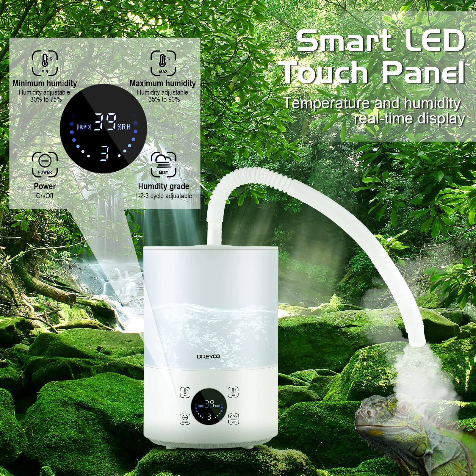 Dreyoo humidifier LED display shows humidity and temperature for precise control