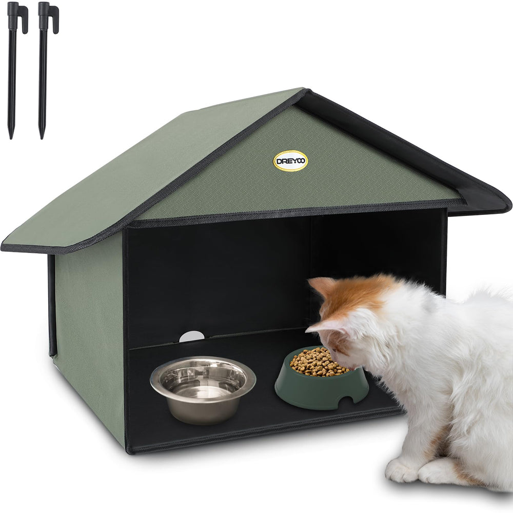 Dreyoo outdoor cat feeding station weatherproof roof keeps food dry during rain