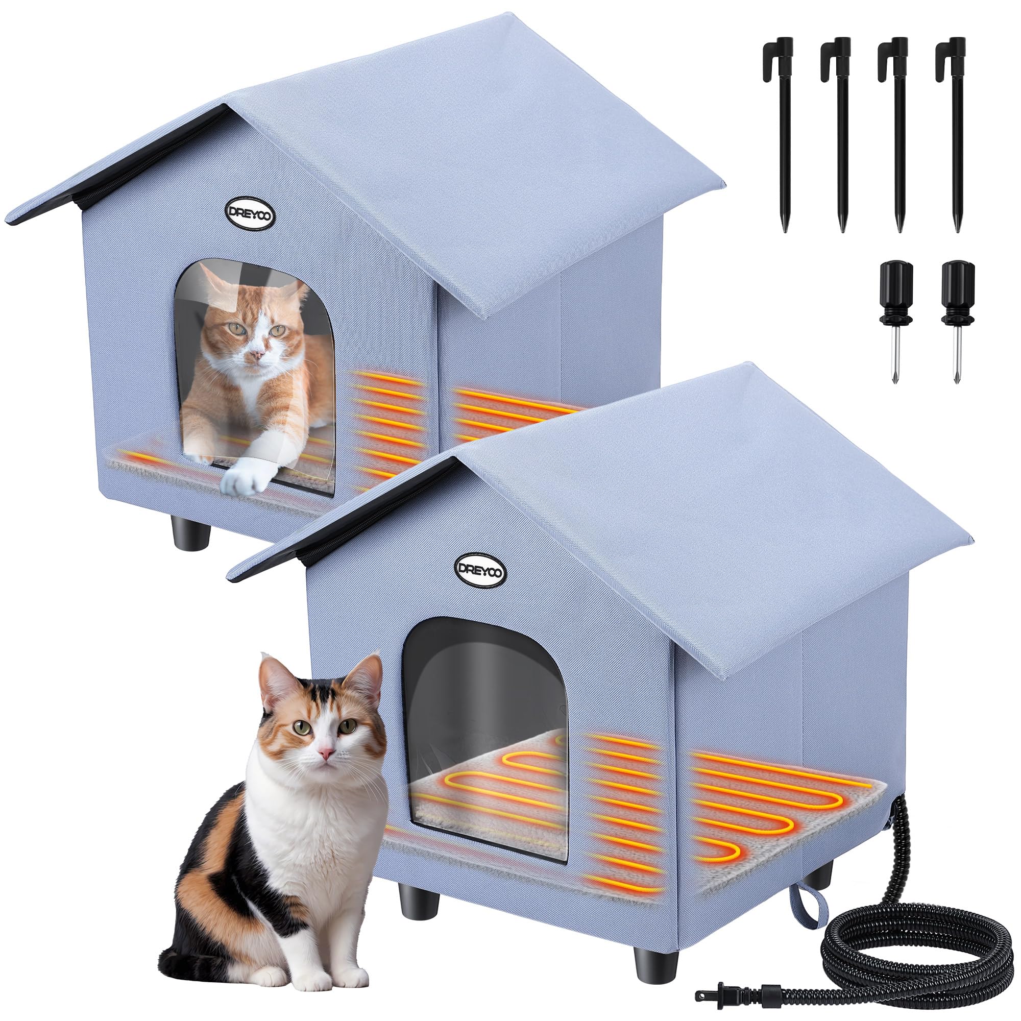 Dreyoo heated cat house 2-pack exterior shows weatherproof outdoor shelter for winter cats.
