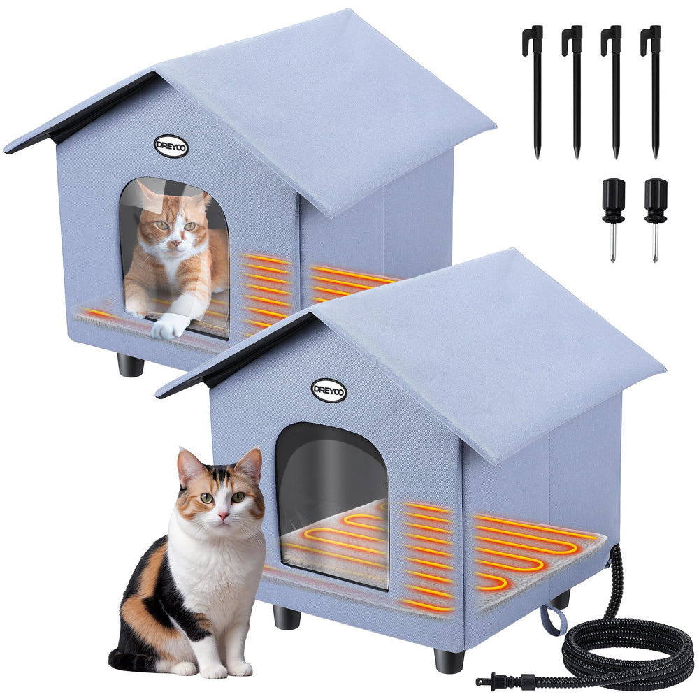 Dreyoo heated cat house 2-pack exterior shows weatherproof outdoor shelter for winter cats.