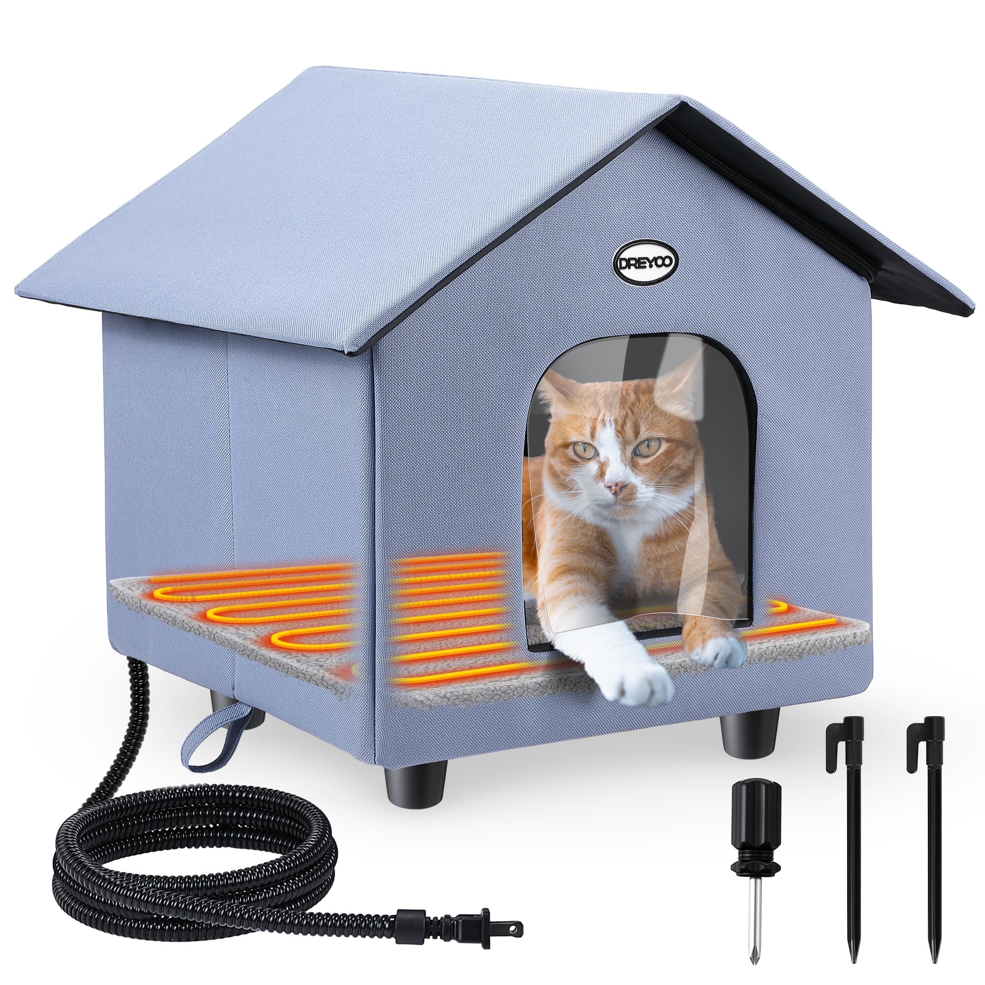 Dreyoo heated cat house exterior blue showing weatherproof outdoor shelter.