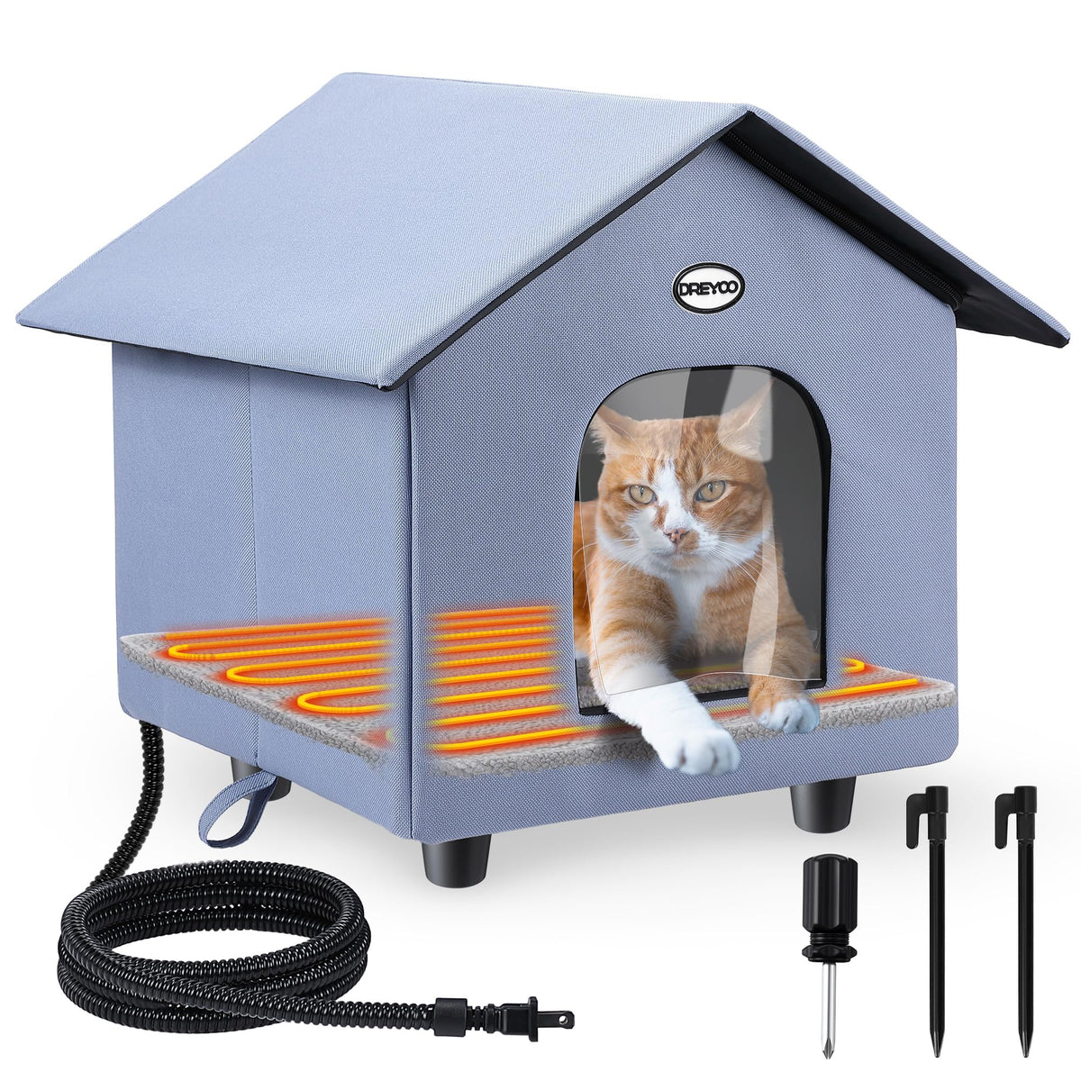 Dreyoo heated cat house exterior blue showing weatherproof outdoor shelter.