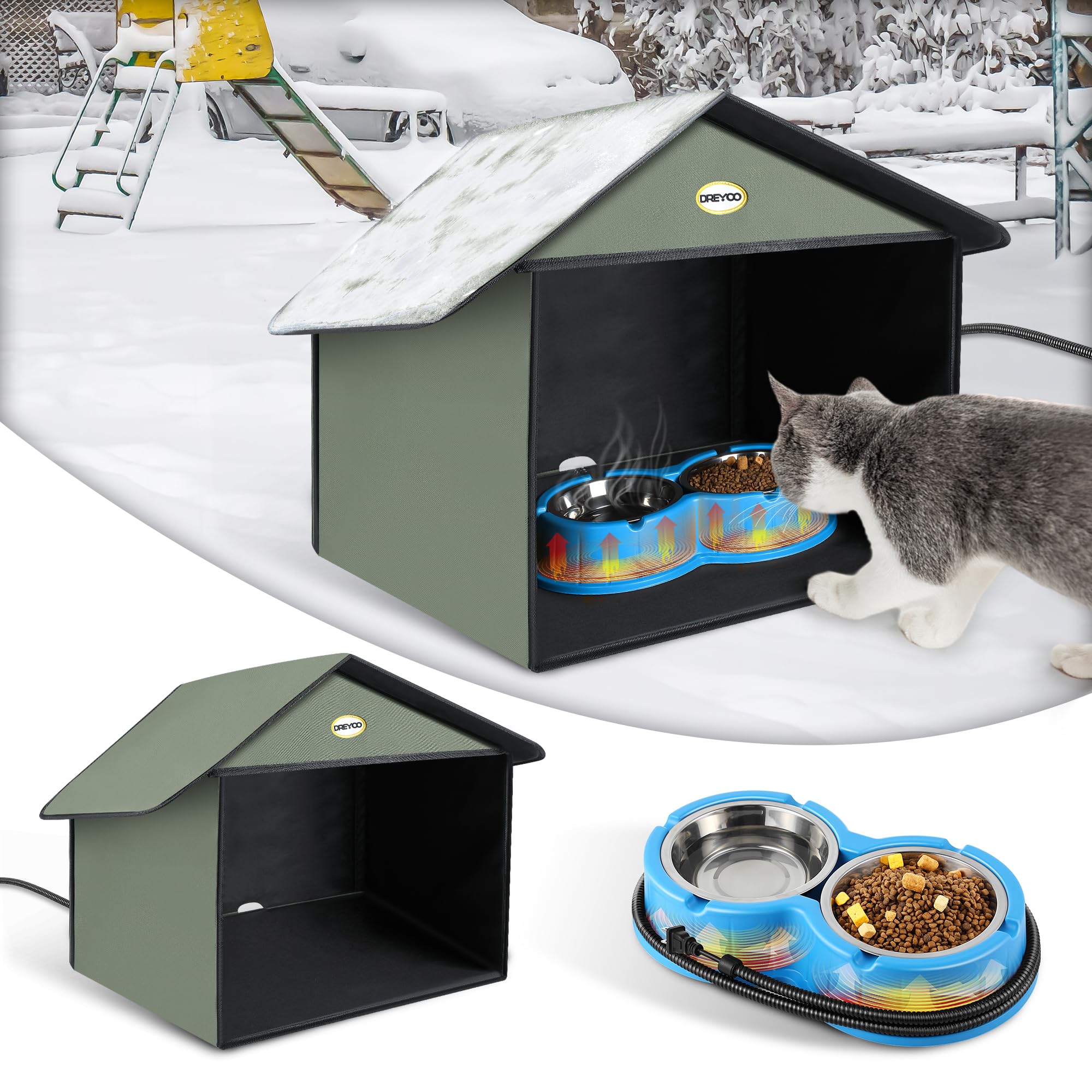Dreyoo outdoor cat feeding station assembly showing quick setup for sheltered outdoor dining