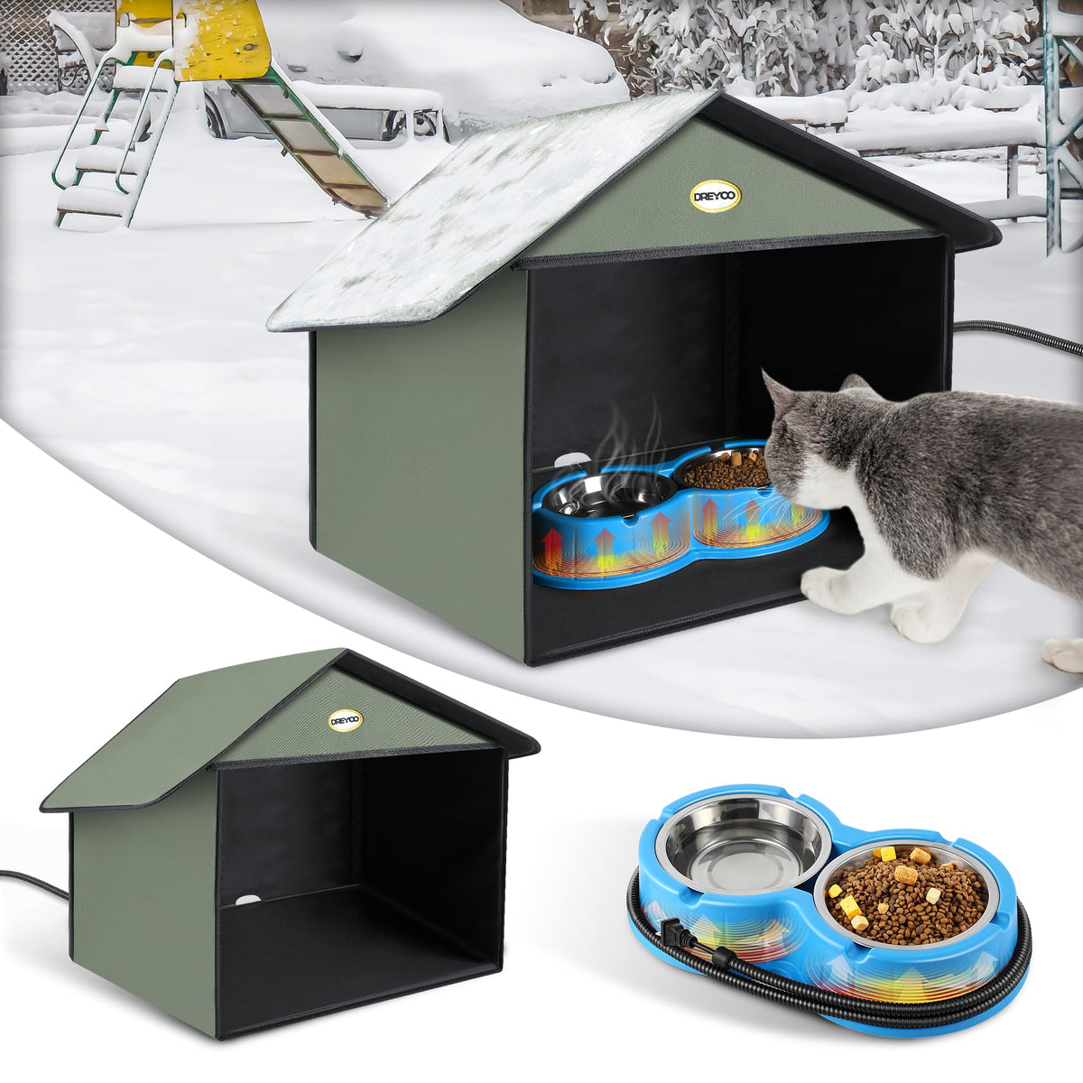 Dreyoo outdoor cat feeding station assembly showing quick setup for sheltered outdoor dining