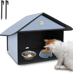 Dreyoo outdoor cat feeding station in dusty blue shields meals from rain and debris.