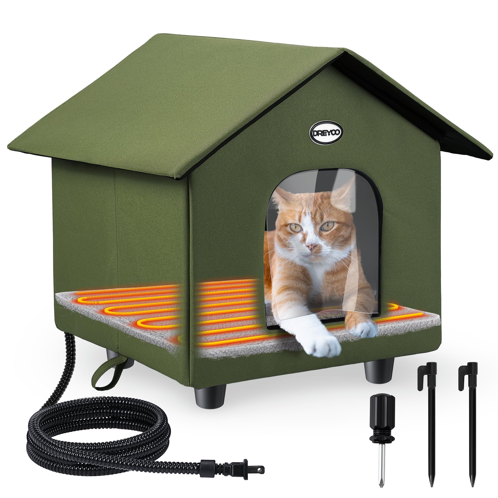 Dreyoo outdoor cat house heat pad keeps pets warm in cold weather.