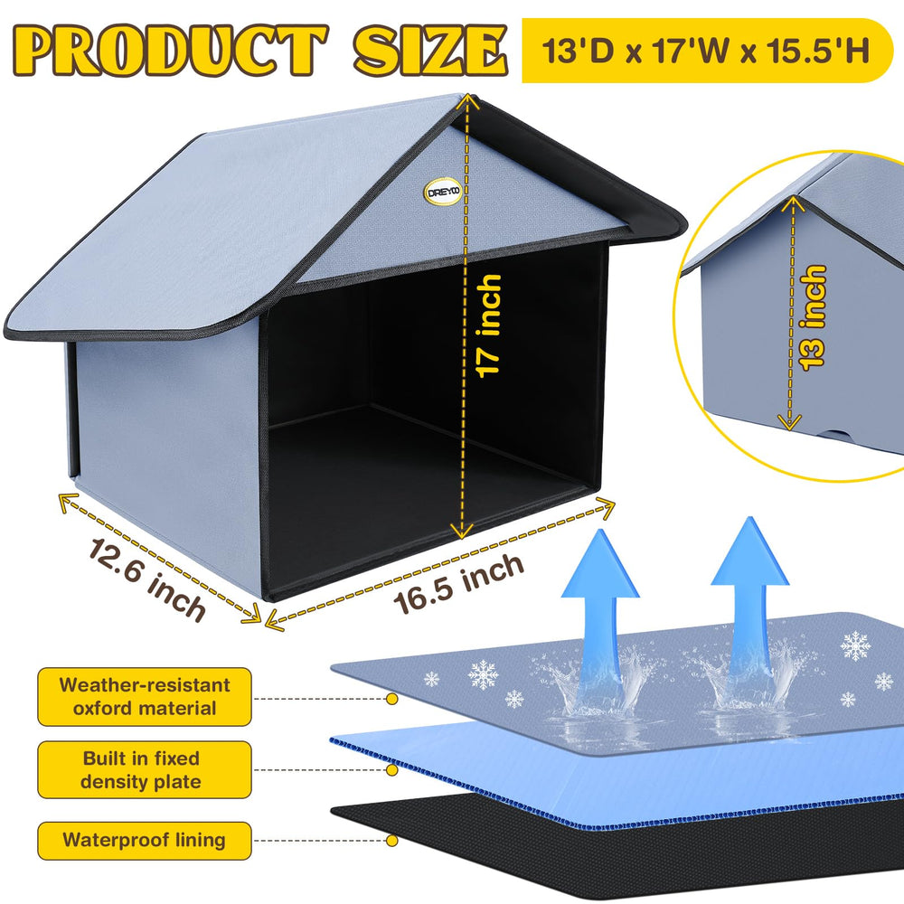 Dreyoo weatherproof cat shelter roof prevents snow intrusion while stray cats dine.