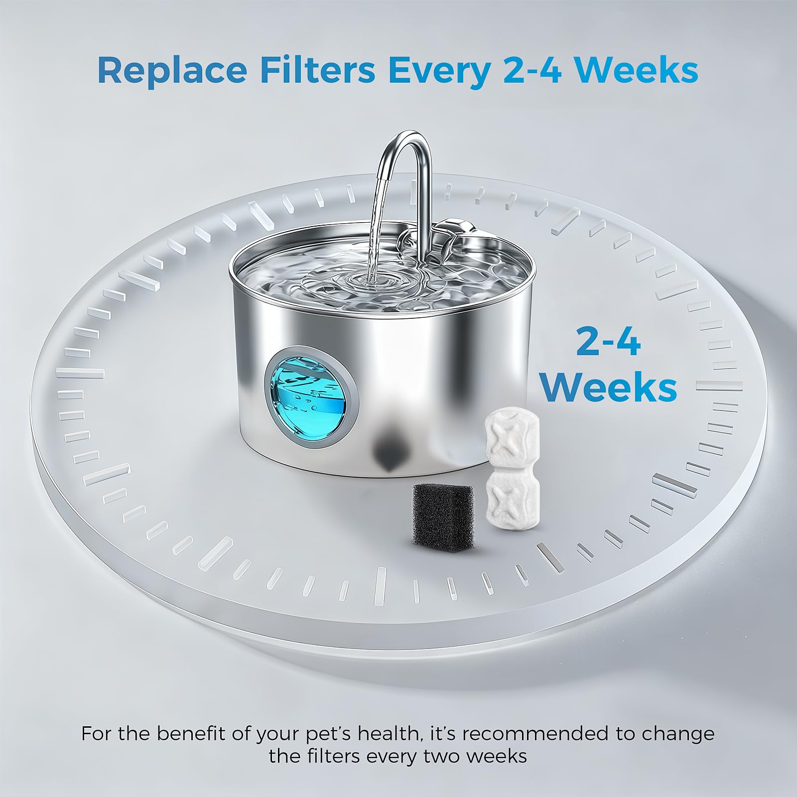 DrFlito stainless steel pet fountain showcases a sleek, easy-clean design.