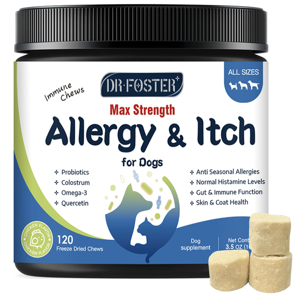 DRFOSTER dog allergy chews packaging showing natural ingredients and immune support