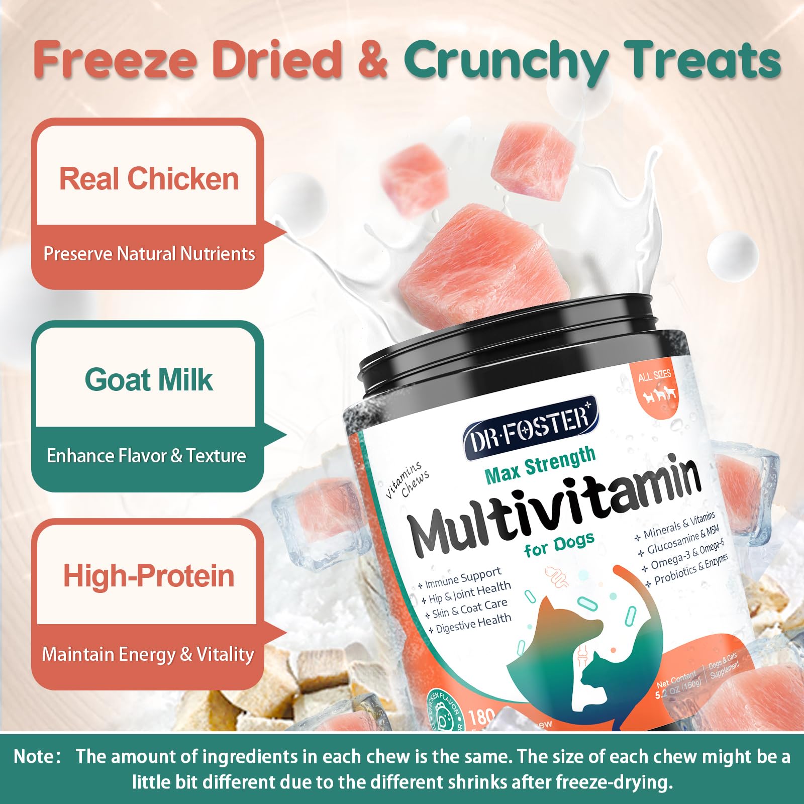 DRFOSTER Dog Multivitamin bites goat milk visual highlights palatability.