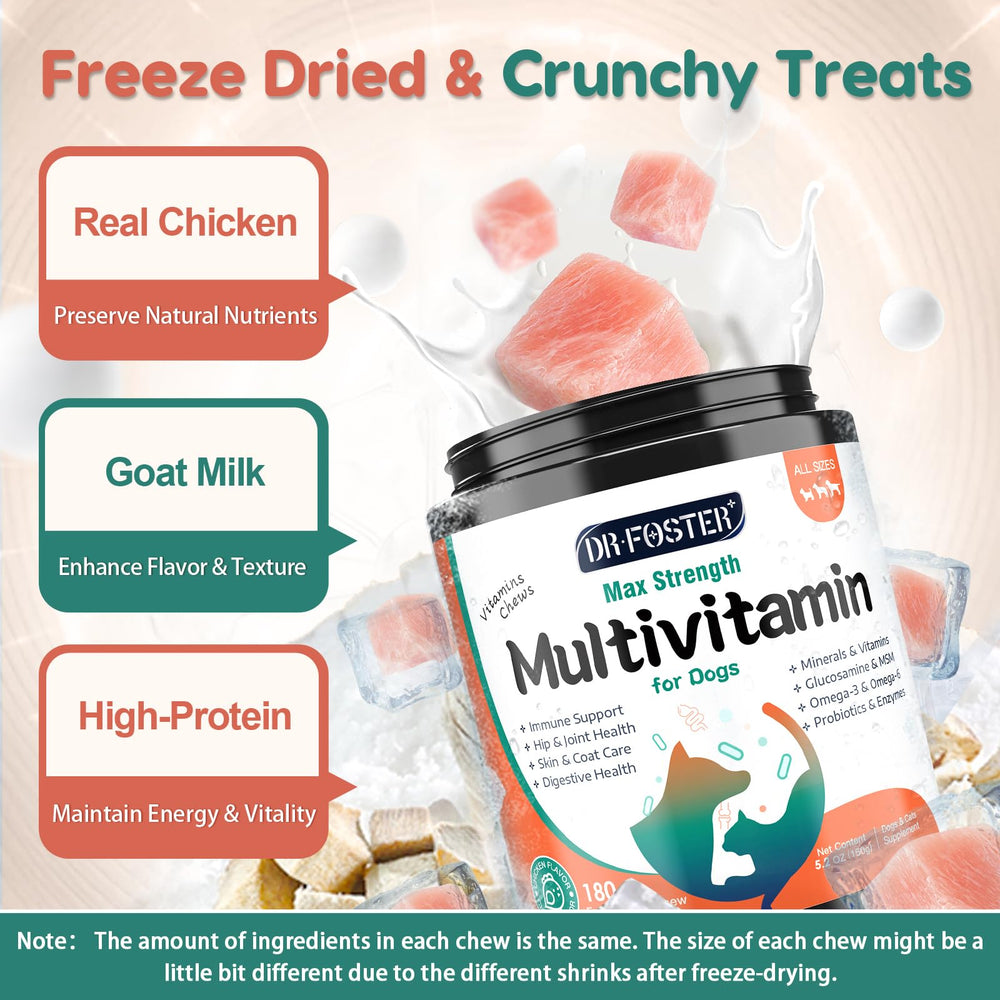 DRFOSTER Dog Multivitamin bites goat milk visual highlights palatability.