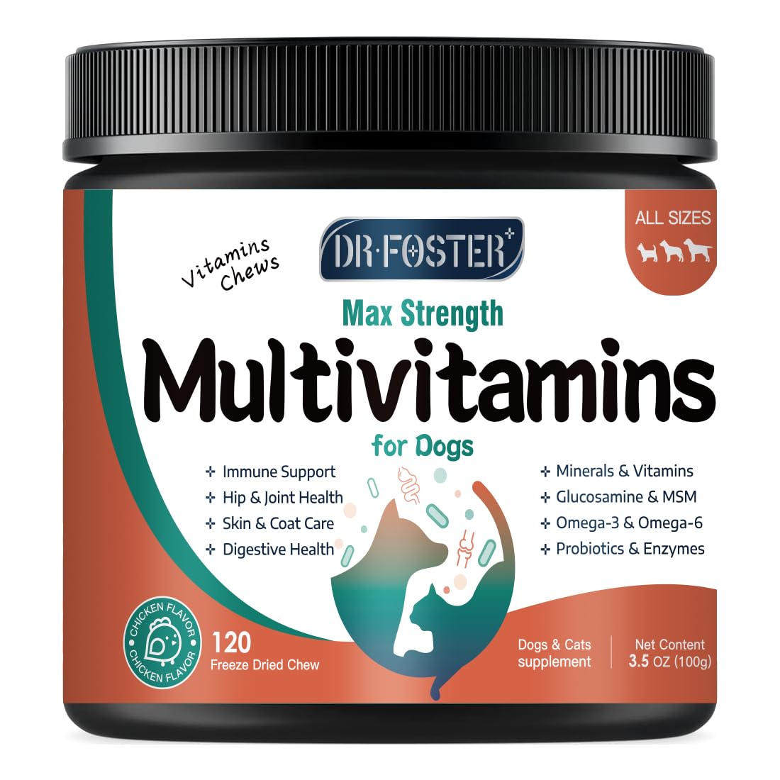 DRFOSTER dog multivitamin bottle front for everyday joint and immune support.