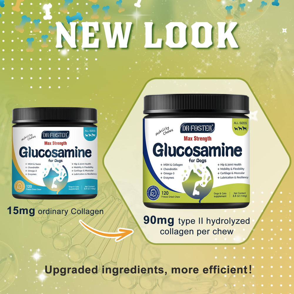 DRFOSTER glucosamine for dogs highlights bone-health ingredients like calcium and magnesium.