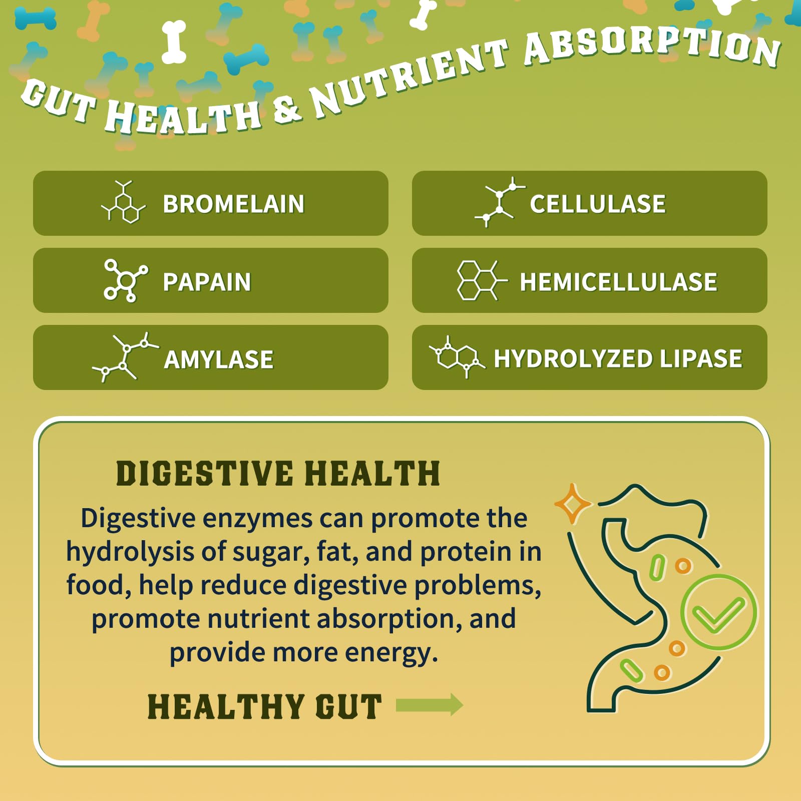 DRFOSTER glucosamine for dogs includes digestive enzymes to aid nutrient absorption.