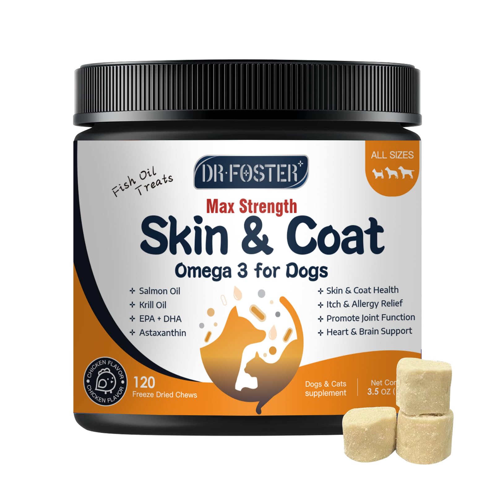 DRFOSTER Omega-3 Dogs salmon oil bottle emphasizes skin and coat support
