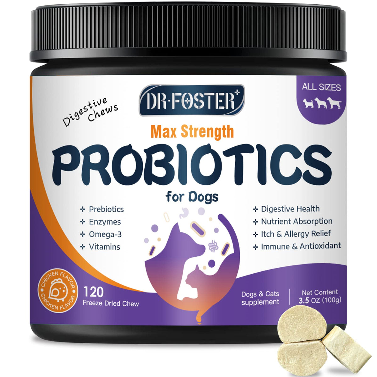DRFOSTER probiotics dogs bites pack shows 120 chews for digestive support.